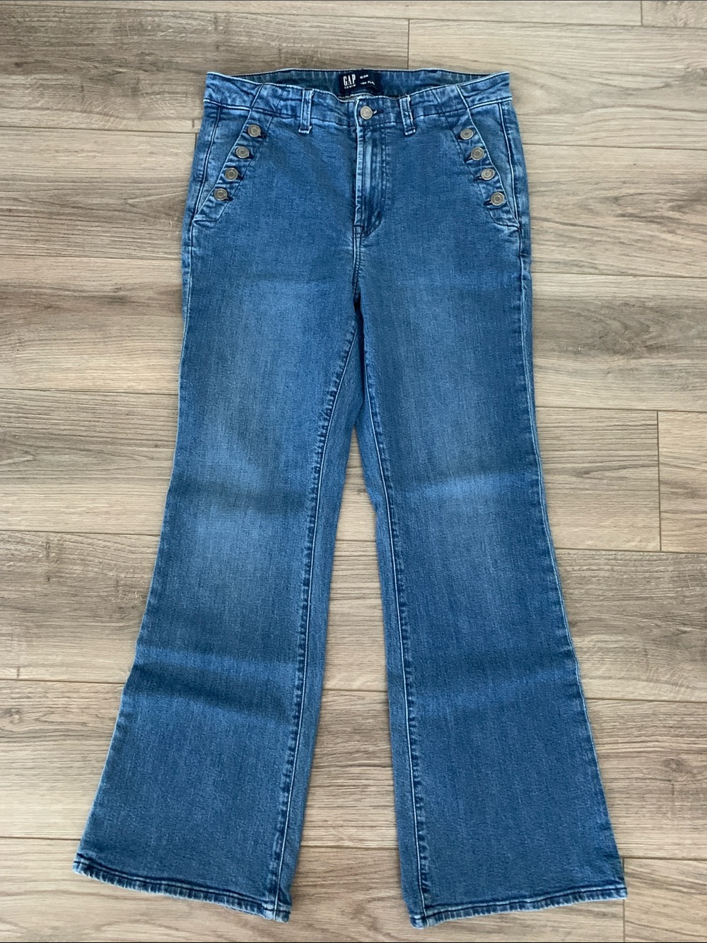 GAP Mid-Blue High-Rise Flare Jeans with Button Pocket Detail